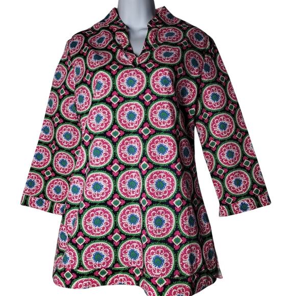 Golftini Pink Green Blue Batik Geometric Tunic Top M 3/4 Sleeve Resort Golf - Picture 1 of 9